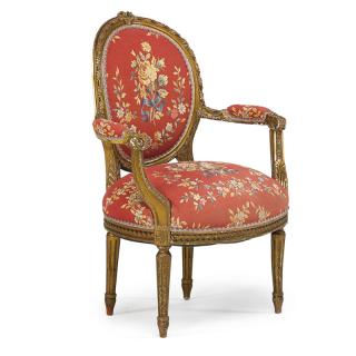 Appraisal: LOUIS XVI STYLE GILTWOOD ARMCHAIR Curved back and padded seat