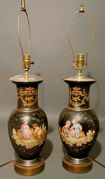 Appraisal: Pair of French porcelain urns lamps late th c with