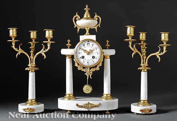 Appraisal: An Antique French Bronze-Mounted Marble Three-Piece Clock Garniture c striking