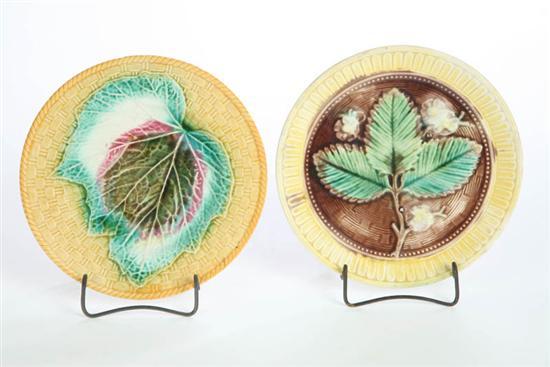 Appraisal: TWO MAJOLICA PLATES Unattributed Both with leaf decoration on basket