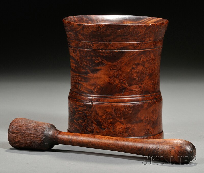 Appraisal: Turned Black Ash Burl Mortar with Pestle th century with