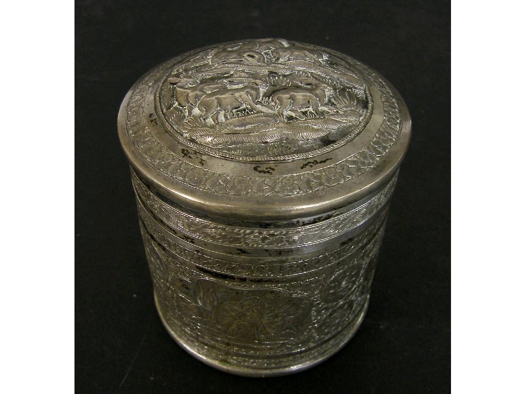 Appraisal: Eastern white metal cylindrical lidded box the lid embossed with