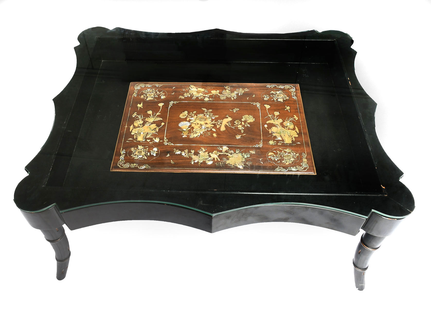 Appraisal: GLASS TOP INLAID CURIO TABLE Chinese black lacquered table having