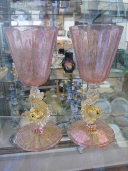 Appraisal: PAIR OF MURANO DOLPHIN STEM GLASS WINES WITH GOLD FOIL