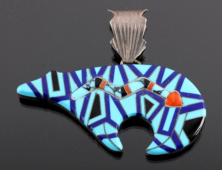 Appraisal: Zuni Sterling Silver Inlaid Mosaic Bear Pendant This is a