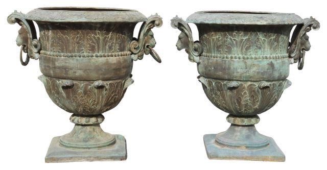 Appraisal: pair Continental bronze urn-form garden planters in a verdigris patina