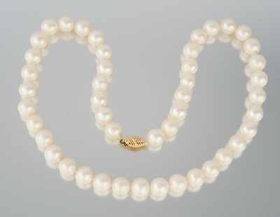 Appraisal: A Princess Length Pearl Necklace with Gold Clasp k yellow