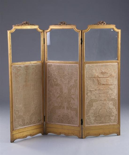 Appraisal: LOUIS XVI STYLE THREE-PANEL FOLDING SCREEN th century red bole