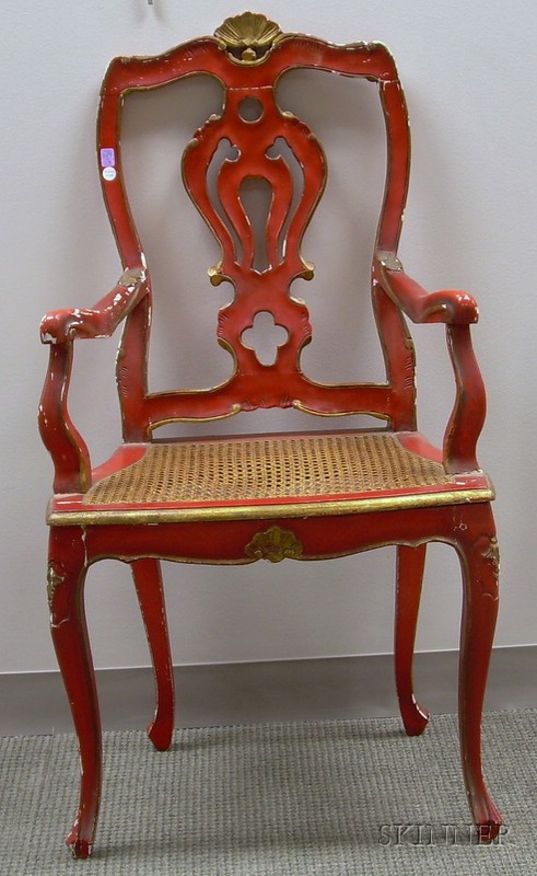 Appraisal: Rococo-style Gilt and Red-painted Carved Wood Open Armchair with Caned