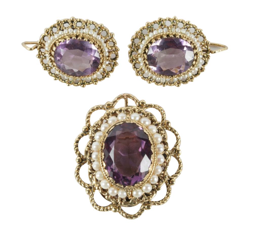 Appraisal: KARAT YELLOW GOLD AMETHYST SEED PEARL SUITEcomprising a brooch and