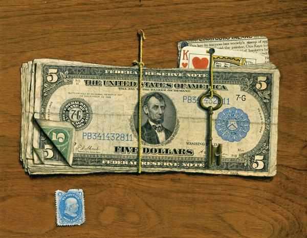 Appraisal: OTIS KAYE American - ''Five Dollar Bill and Key'' oil