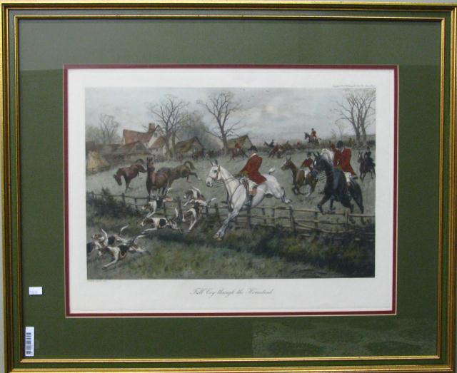 Appraisal: Colored Hunt Scene Engraving ''Full Cry Through the Homestead'' depicting