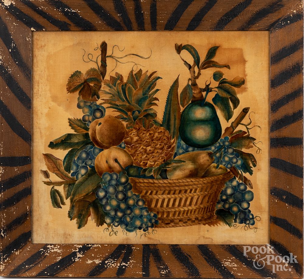 Appraisal: Oil on velvet theorem of a basket of fruit Oil