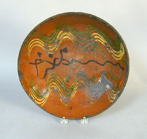 Appraisal: Redware charger th c with yellow and green slip decoration