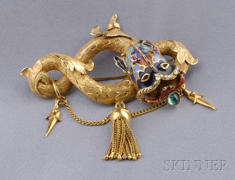 Appraisal: kt Gold and Enamel Gem-set Brooch designed as a writhing