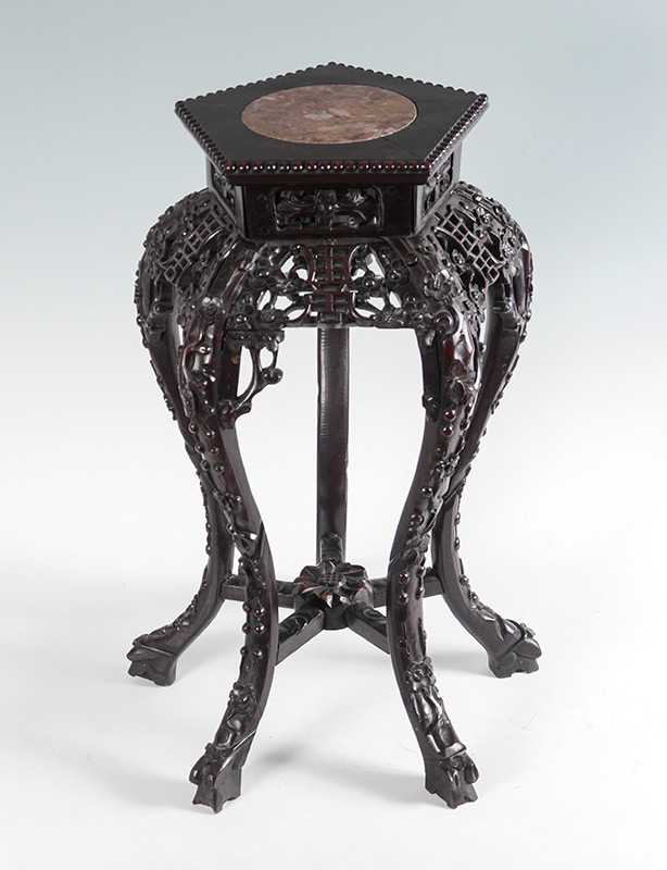 Appraisal: CARVED ORIENTAL MARBLE TOP PLANT STAND Pentagon top with inset