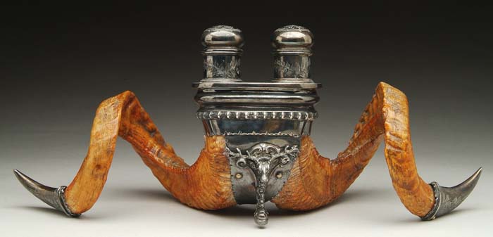 Appraisal: OUTSTANDING SILVER AND HORN DOUBLE INKWELL Sheffield mounted silver inkwell