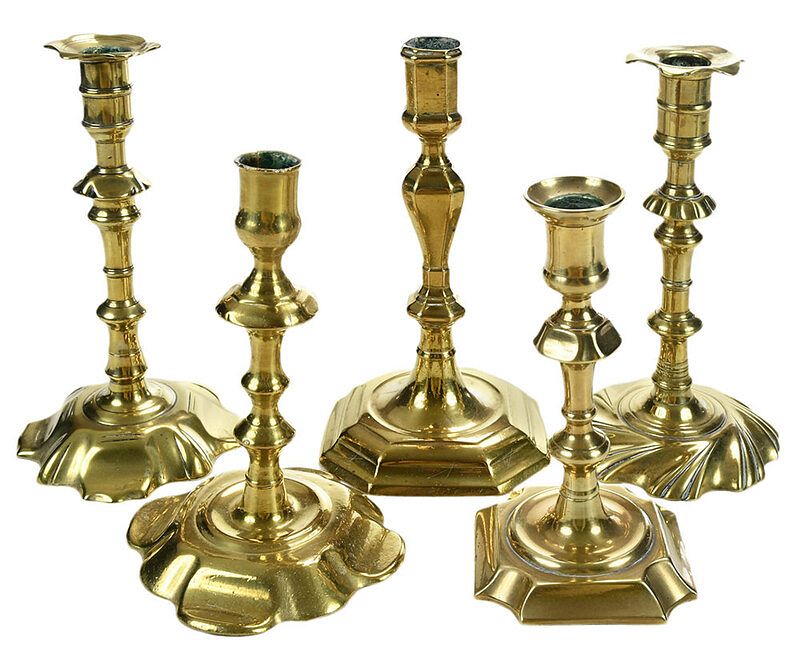 Appraisal: Five Georgian Brass Candlesticks British probably th century swirl base