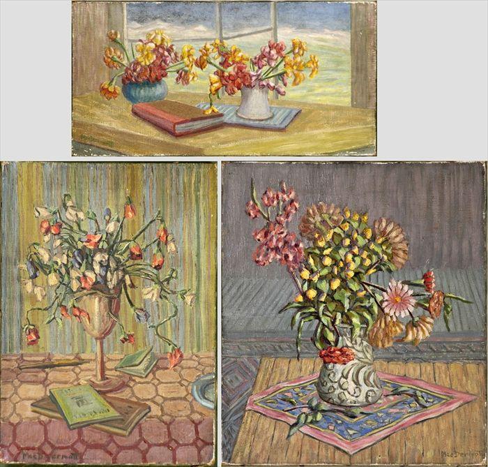 Appraisal: Stewart MacDermott British b Three Still Lifes with Flowers Oil