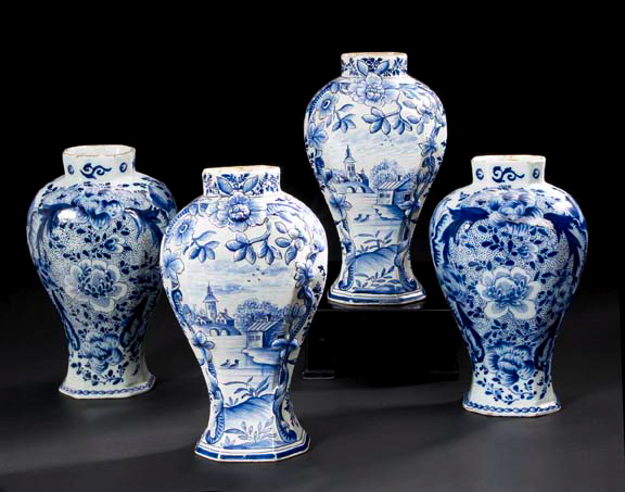 Appraisal: Pair of Dutch Blue-and-White Delftware Modified Lyriform Garniture Vases in