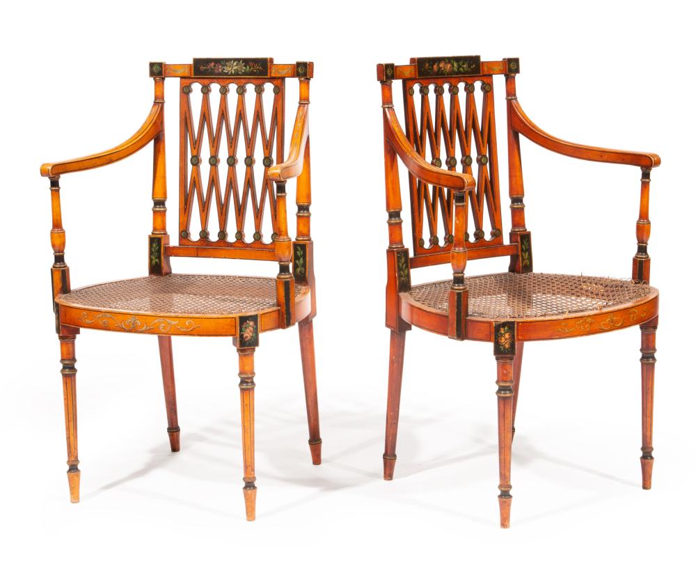 Appraisal: PAIR OF ENGLISH PAINTED SATINWOOD ARMCHAIRSPair of Fine English Painted