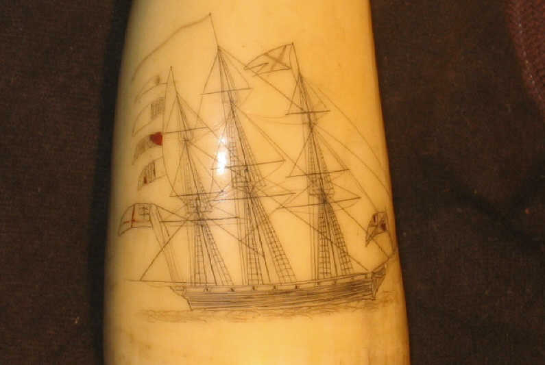 Appraisal: SCRIMSHAW WHALE'S TOOTH Simple design of a frigate with three