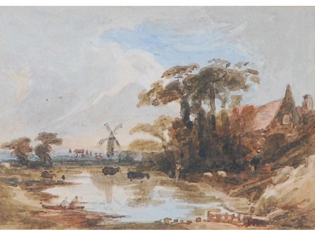 Appraisal: BRITISH SCHOOL early nineteenth century WATERCOLOUR River landscape with windmill