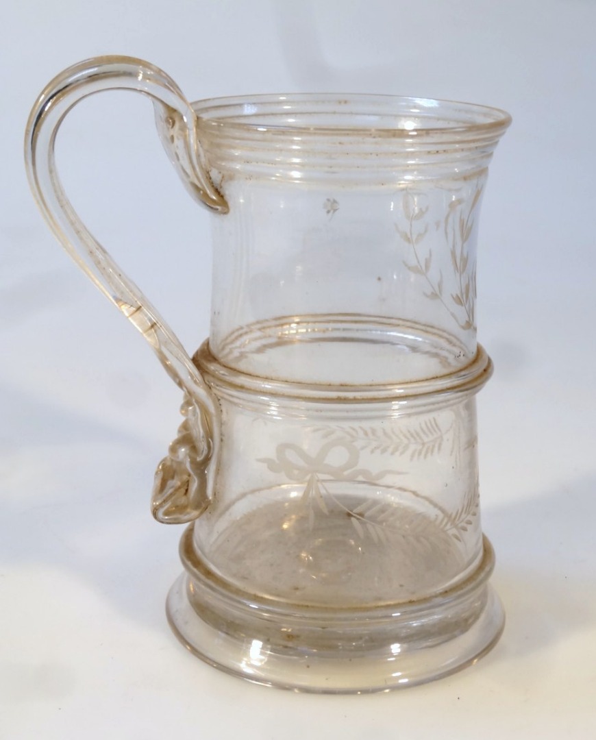 Appraisal: An unusual early thC glass tankard the cylindrical part ribbed