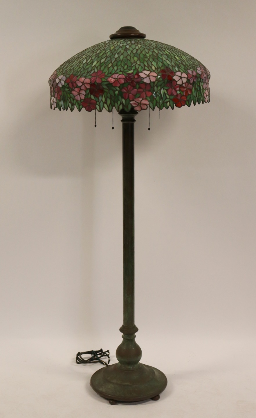 Appraisal: TIFFANY STYLE BRONZE STANDING LAMP Nice quality with large leaded