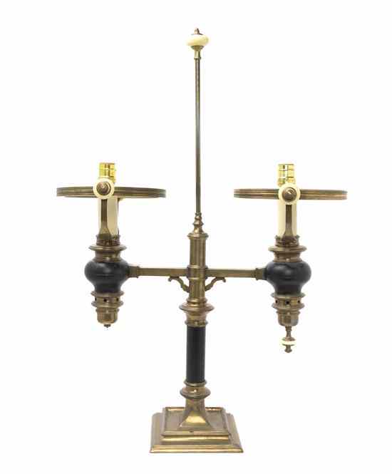 Appraisal: A Brass and Tole Double Student's Table Lamp having a