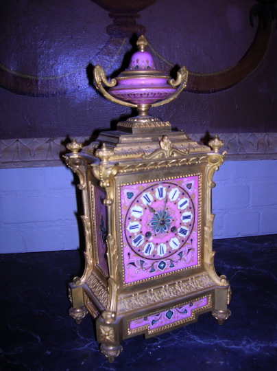 Appraisal: French Gilt-Lacquered Brass and Rose Pompadour Porcelain Mantel Clock fourth