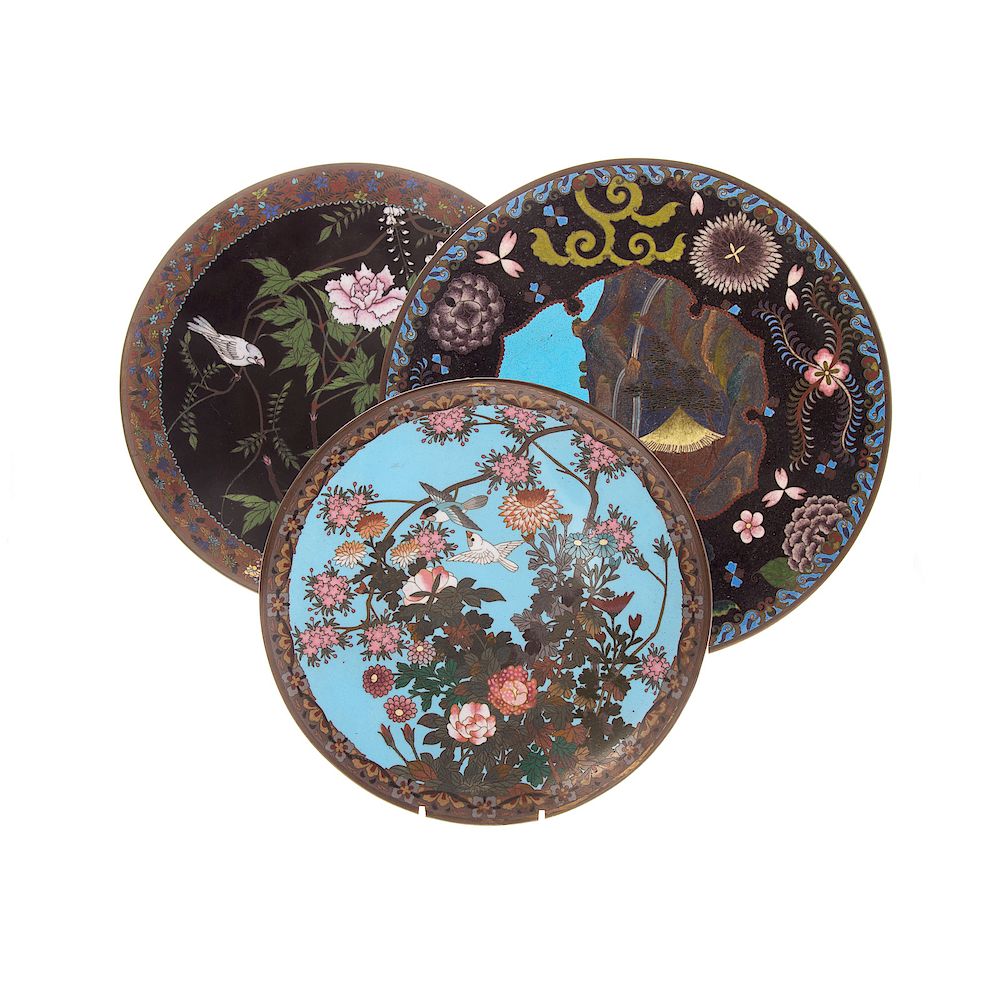 Appraisal: Three Japanese Cloisonne Enamel Plates late th century birds among