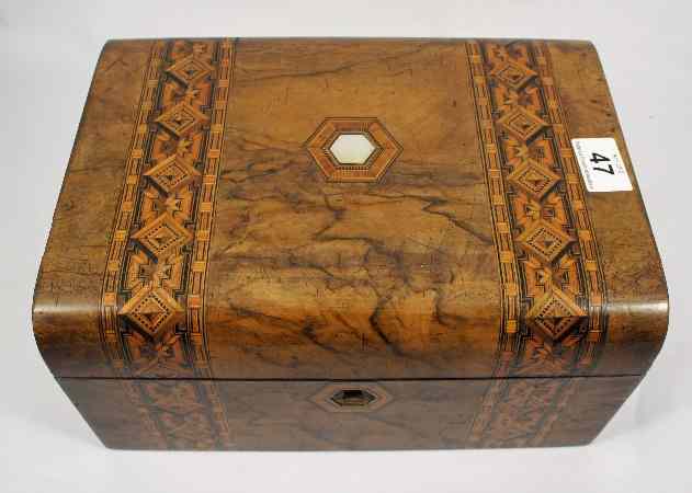 Appraisal: th Century Walnut Inlaid Sewing Box Fitted Interior