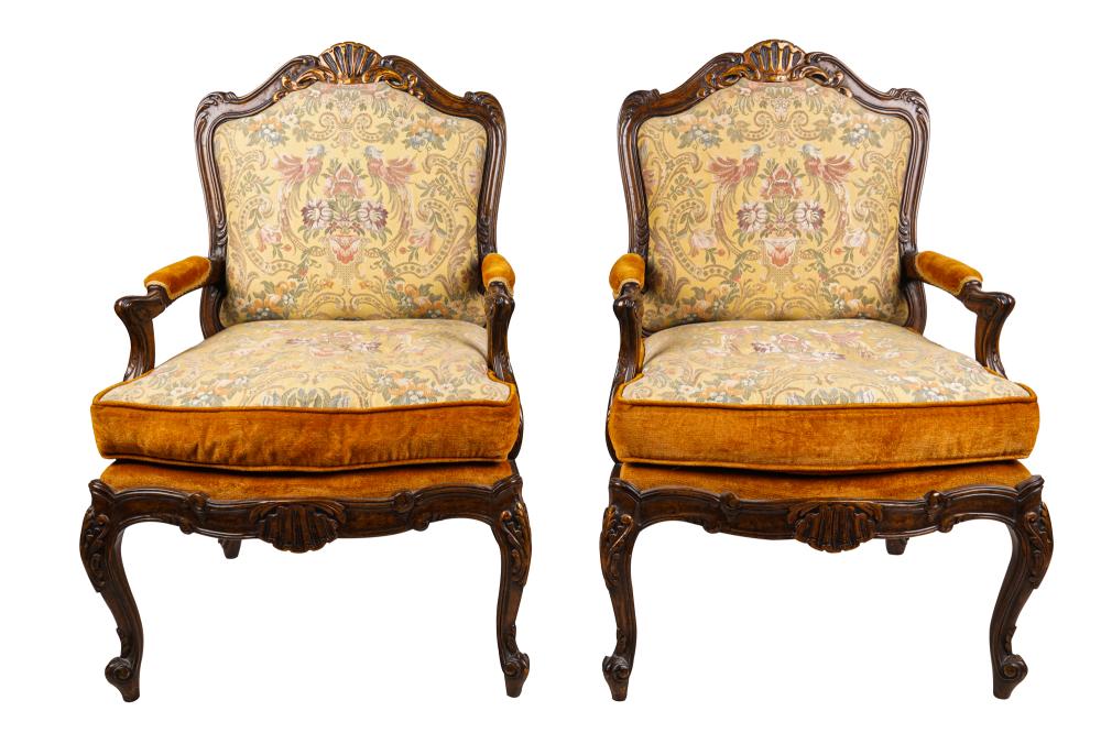 Appraisal: PAIR OF LOUIS XV STYLE CARVED WALNUT FAUTEUILSlate th century