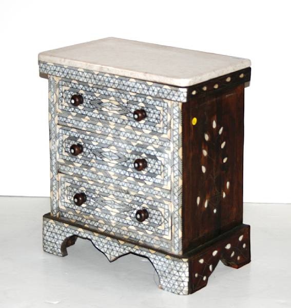 Appraisal: Syrian mother-of-pearl inlaid miniature chest w marble top height in