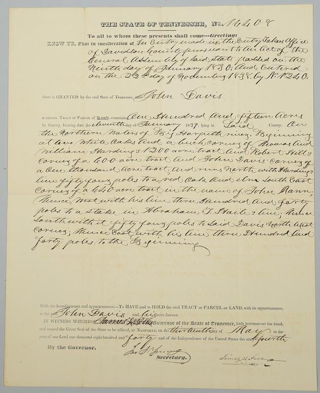 Appraisal: Gov James K Polk Signed Land Grant May James K