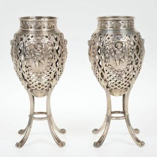 Appraisal: Nice pair Continental silver potpourri urns th c possibly Belgian