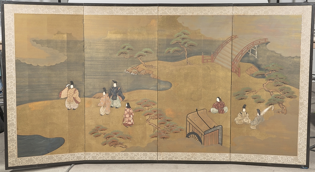 Appraisal: Vintage Japanese painted four-panel screen in the Kano style with