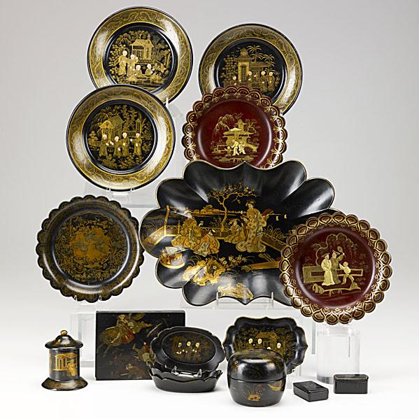 Appraisal: ASIAN LACQUERSixteen pieces include oval tray six round plates four