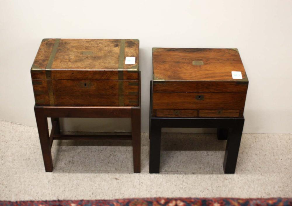 Appraisal: TWO VICTORIAN WALNUT LAP DESKS ON CUSTOM WOOD FLOOR STANDS