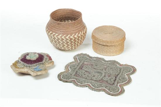 Appraisal: FOUR AMERICAN INDIAN PINCUSHION PAD AND BASKETS Twentieth century Beaded