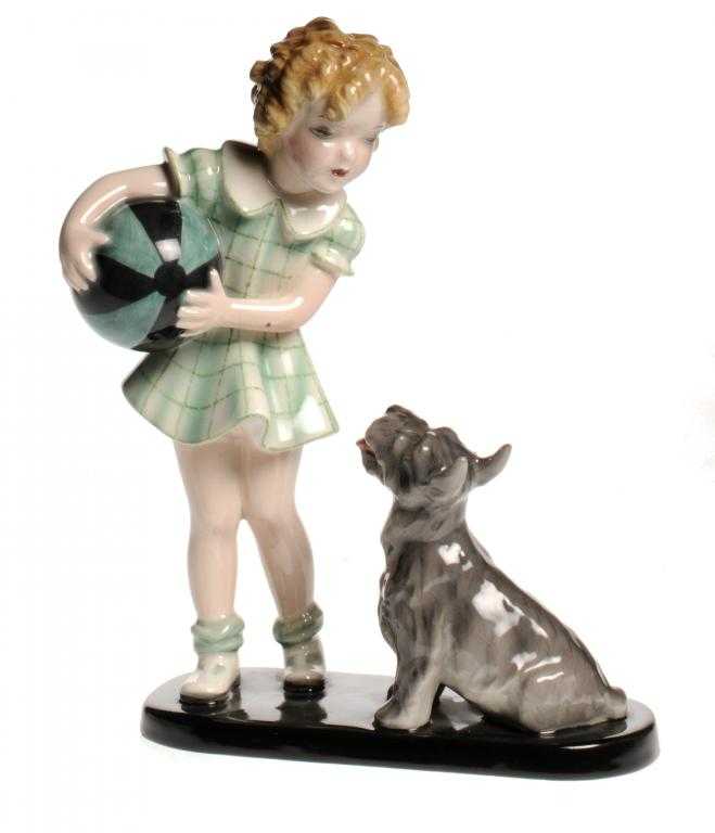 Appraisal: A GOLDSCHEIDER FIGURE OF A GIRL WITH A TERRIER the