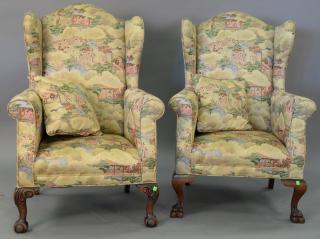 Appraisal: Two Chippendale style near matching wing chairs with Japanese style