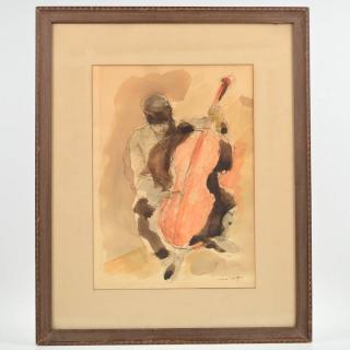 Appraisal: Cello player pen and ink wash and watercolor on paper