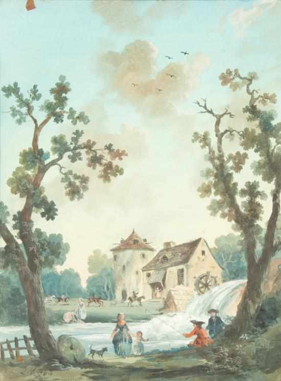 Appraisal: French School th century Recreation at the Old Mill watercolor