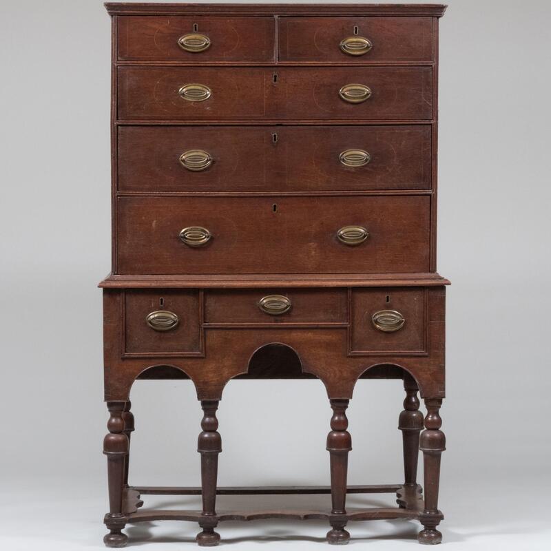 Appraisal: William and Mary Inlaid Oak Highboy In two parts ft