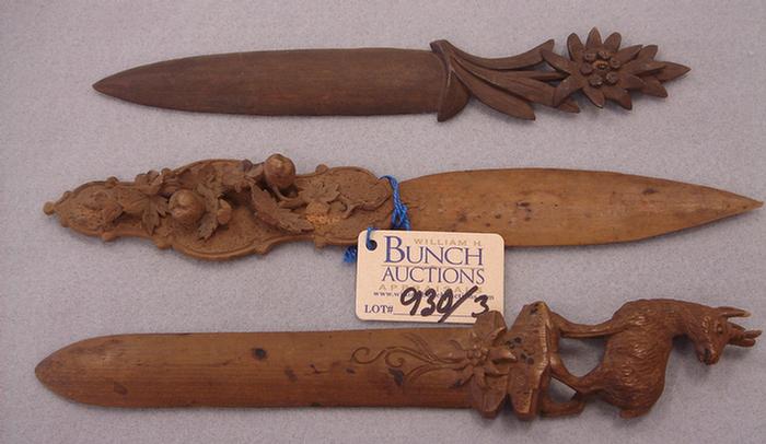 Appraisal: Lot of hand carved wooden letter openers Including a goat