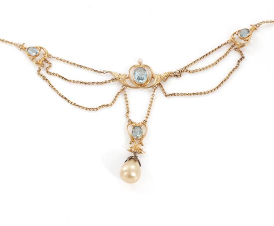 Appraisal: Belle Epoque gold and aquamarine necklace front composed of festoons