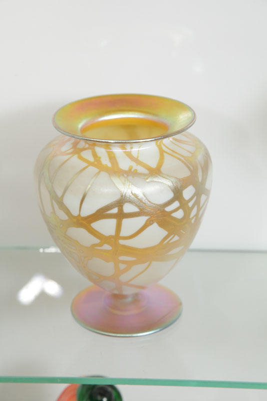 Appraisal: QUEZAL VASE Footed vase with flared rim and gold iridescent