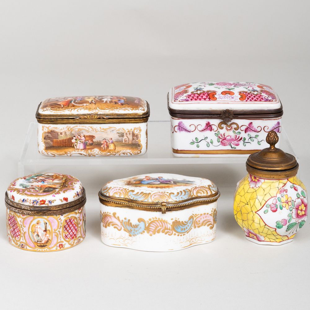 Appraisal: Group of Continental Porcelain and Enamel Snuff Boxes Comprising A